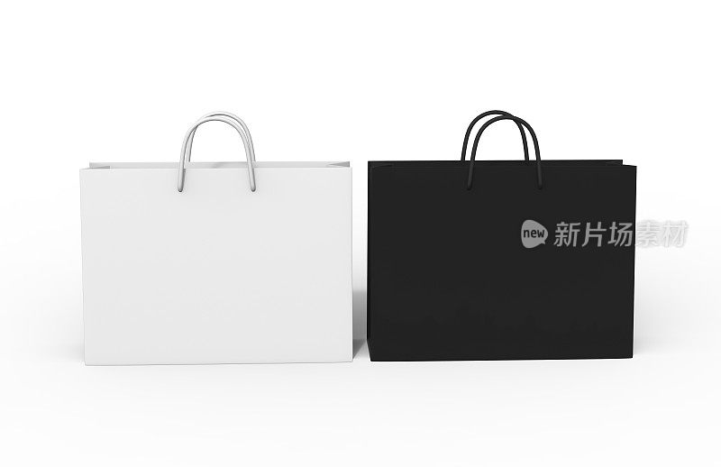 白色和黑色的空白购物纸袋孤立在白色背景上模拟和模板设计。3 d渲染插图。